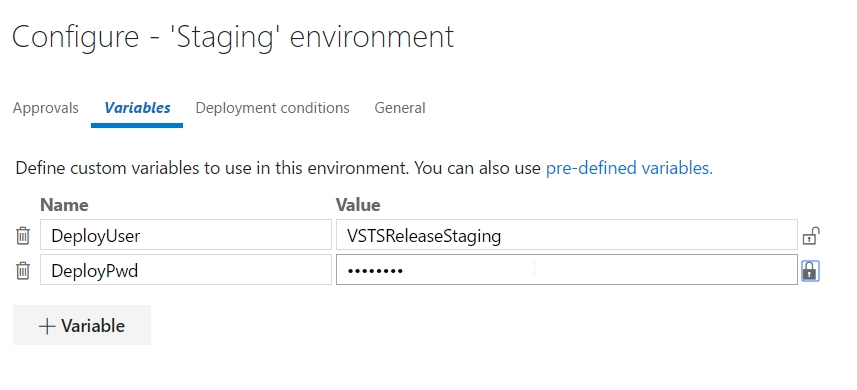 On the Configure – ‘Staging’ environment page, on the Variables tab, values are set to the previously defined values.